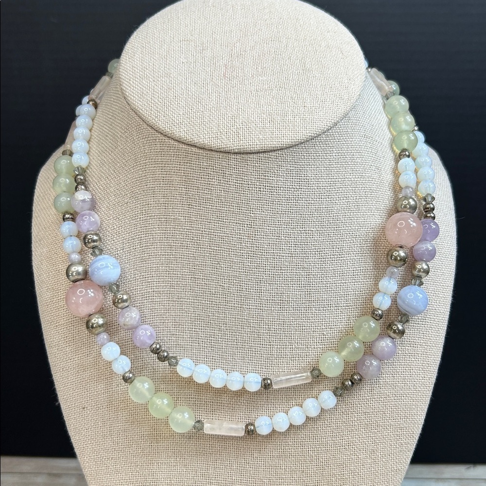 Vintage Blue Lace Agate, Rose Prasiolite,Milky Quartz 925 Silver Beads & Clasp